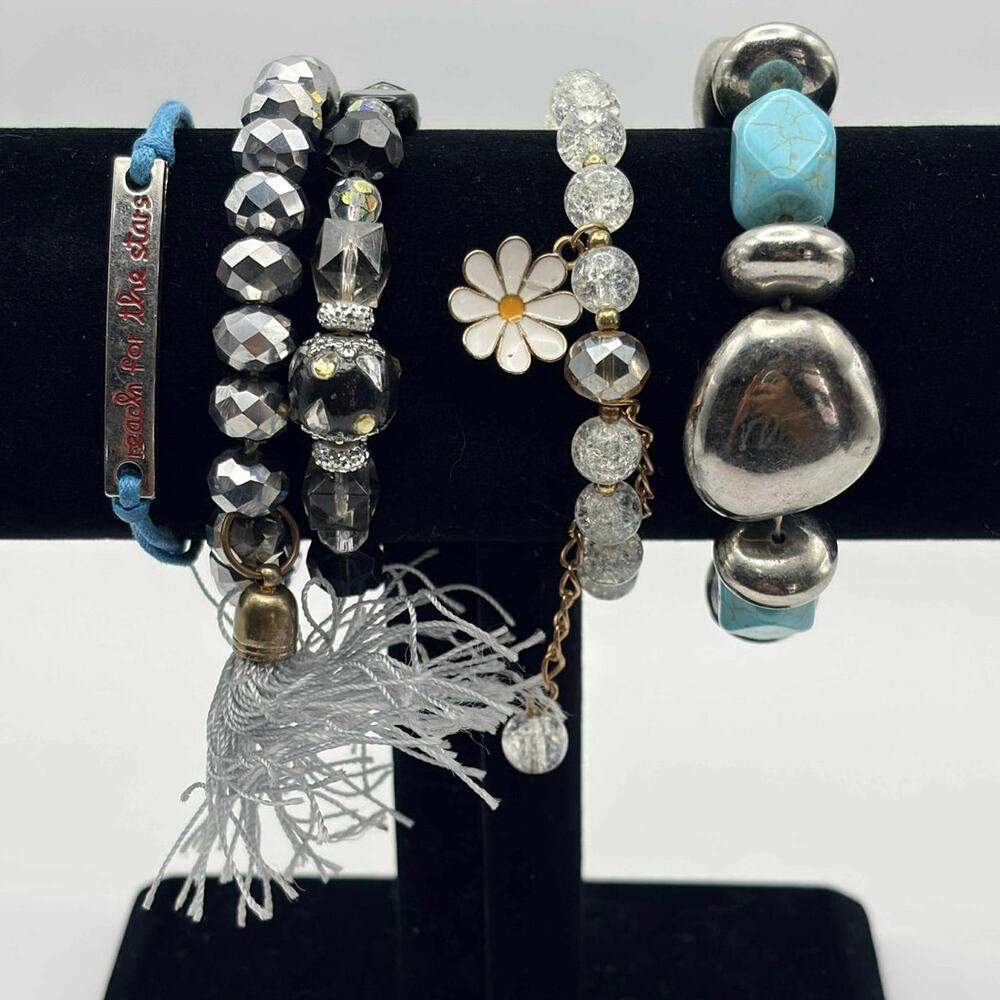 Blue Beaded Floral Bracelet Bundle